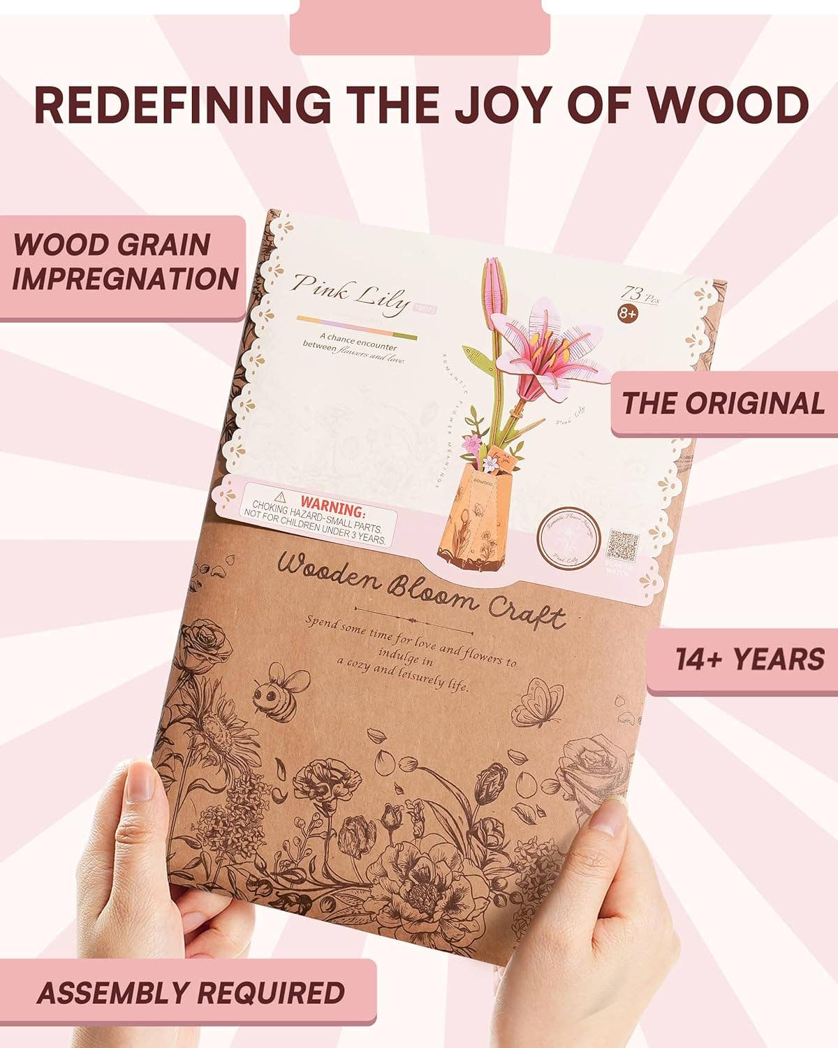 TW071 Pink Lily Rowood DIY Wooden Flower Bouquet 3D