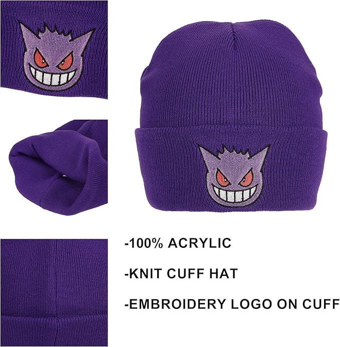 Pokemon Gengar Face Embroidery Acrylic Knit Standard Cuff Beanie