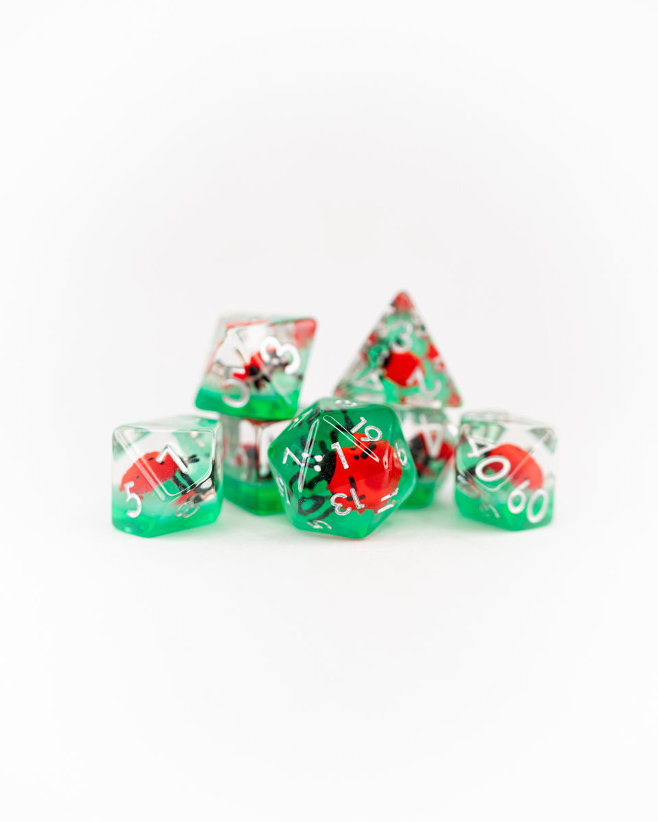 Rosamund Busybody | Ladybug | 7 Piece Acrylic Inclusion Dice Set - Emberglow Gaming