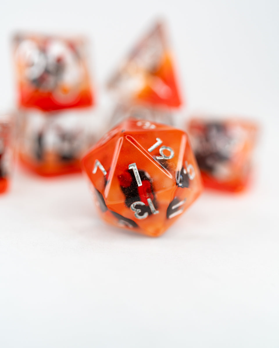 Mephistopheles | Devil Cat | 7 Piece Acrylic Inclusion Dice Set - Emberglow Gaming
