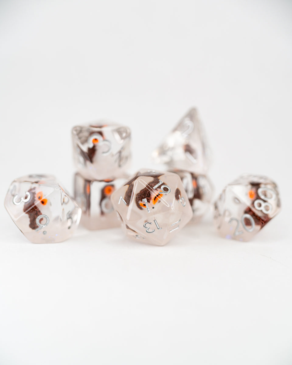Glimfeather | Owl | 7 Piece Acrylic Inclusion Dice Set - Emberglow Gaming