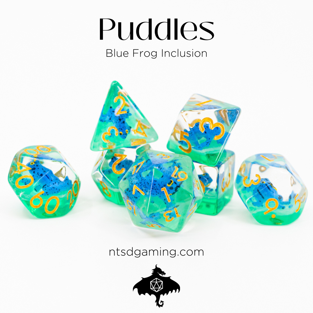 Puddles | Blue Frog | 7 Piece Acrylic Inclusion Dice Set - Emberglow Gaming