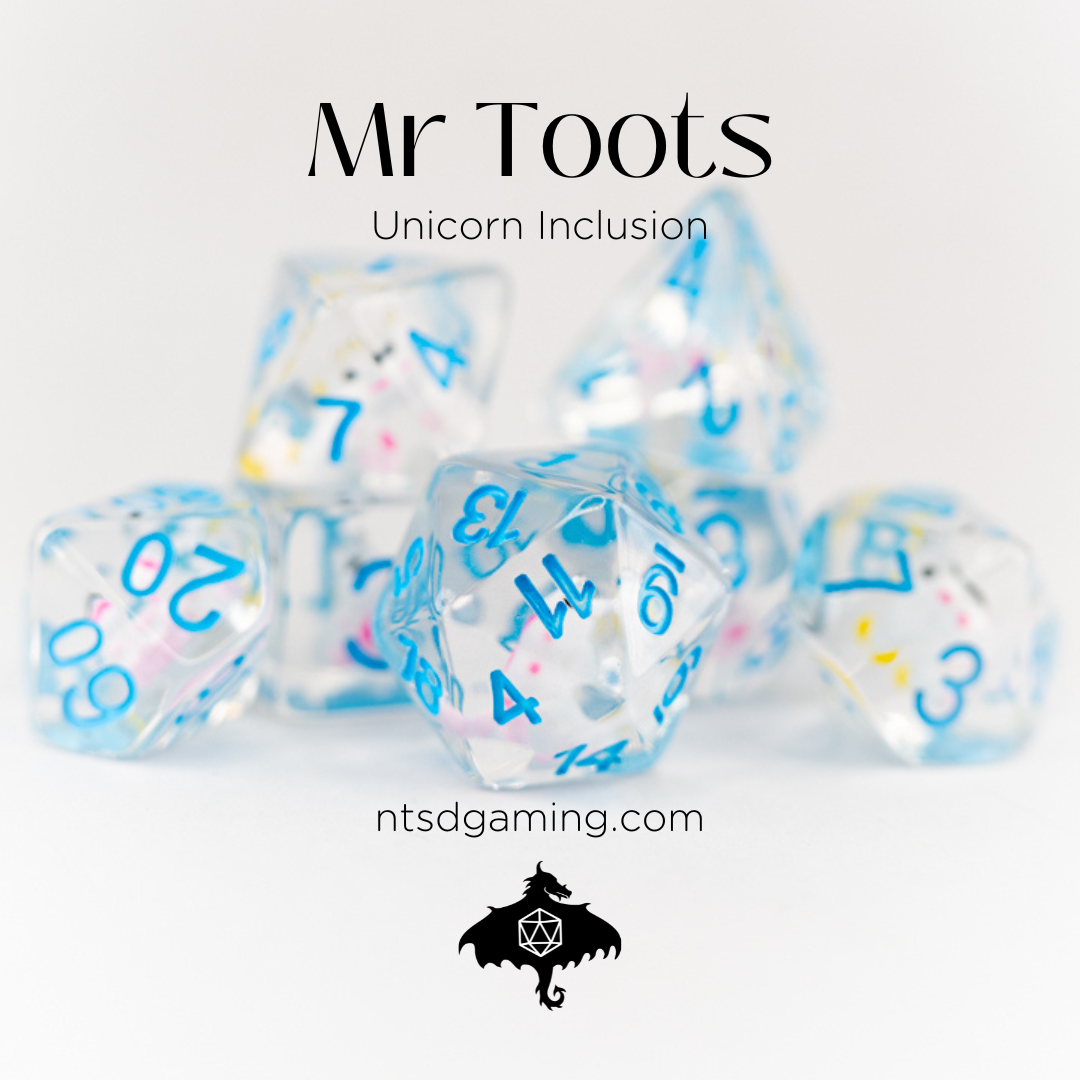 Mr Toots | Unicorn | 7 Piece Acrylic Inclusion Dice Set - Emberglow Gaming