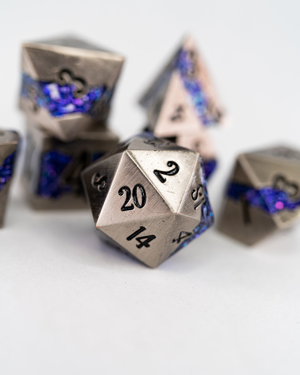 Fool's King | 7 Piece Metal Dice Set - Emberglow Gaming