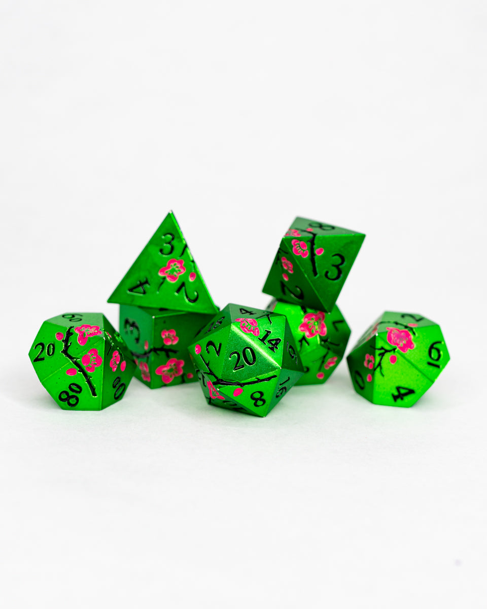 Curiosity of Mosscap | Etched Flowers | 7 Piece Metal Dice Set - Emberglow Gaming