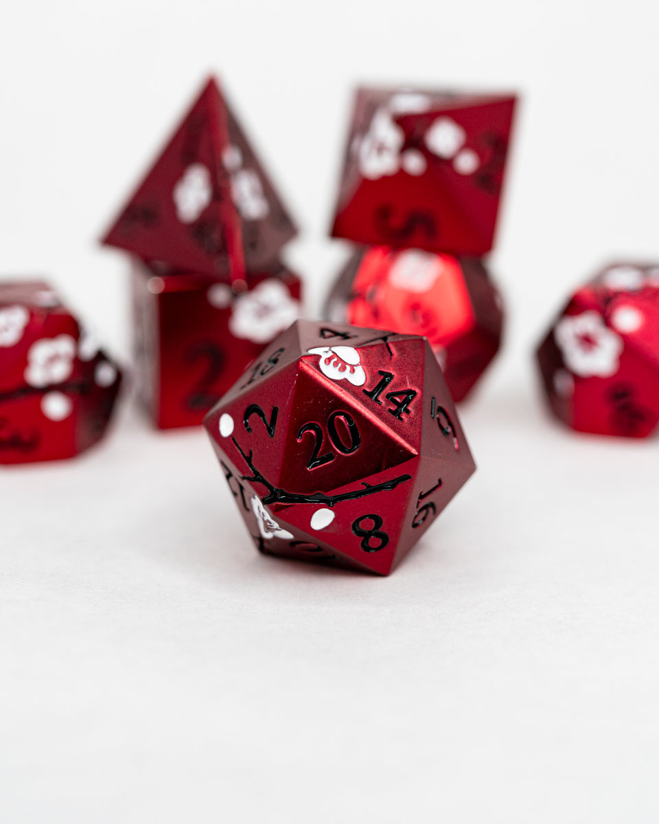Mirai | Etched Flowers | 7 Piece Metal Dice Set - Emberglow Gaming