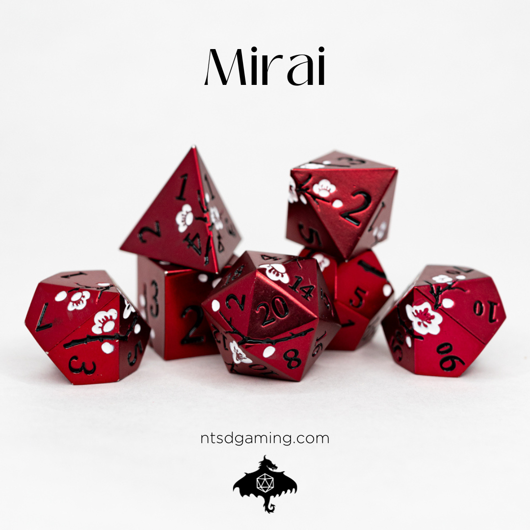 Mirai | Etched Flowers | 7 Piece Metal Dice Set - Emberglow Gaming