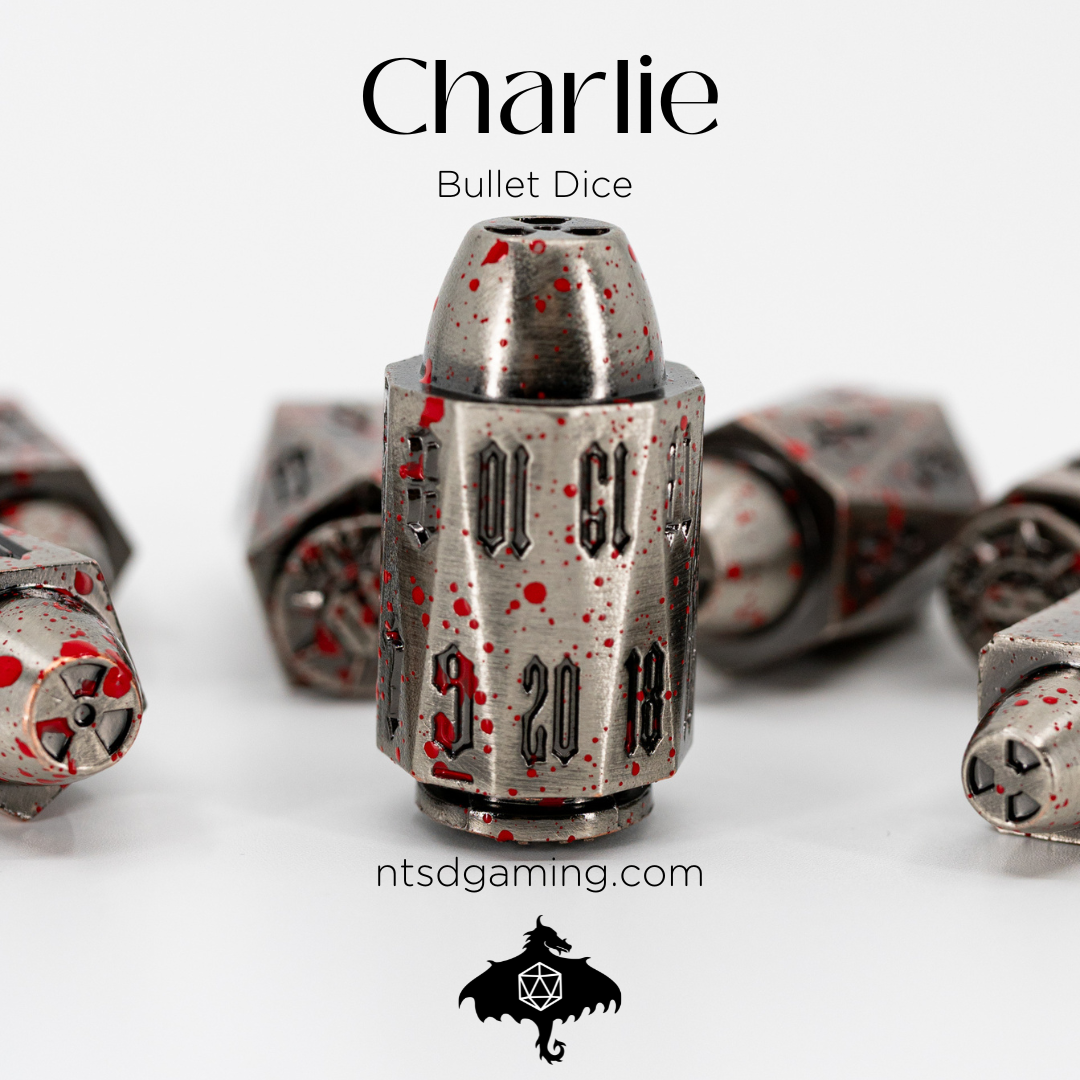 Charlie | Iron Bullets | 7 Piece Metal Dice Set - Emberglow Gaming
