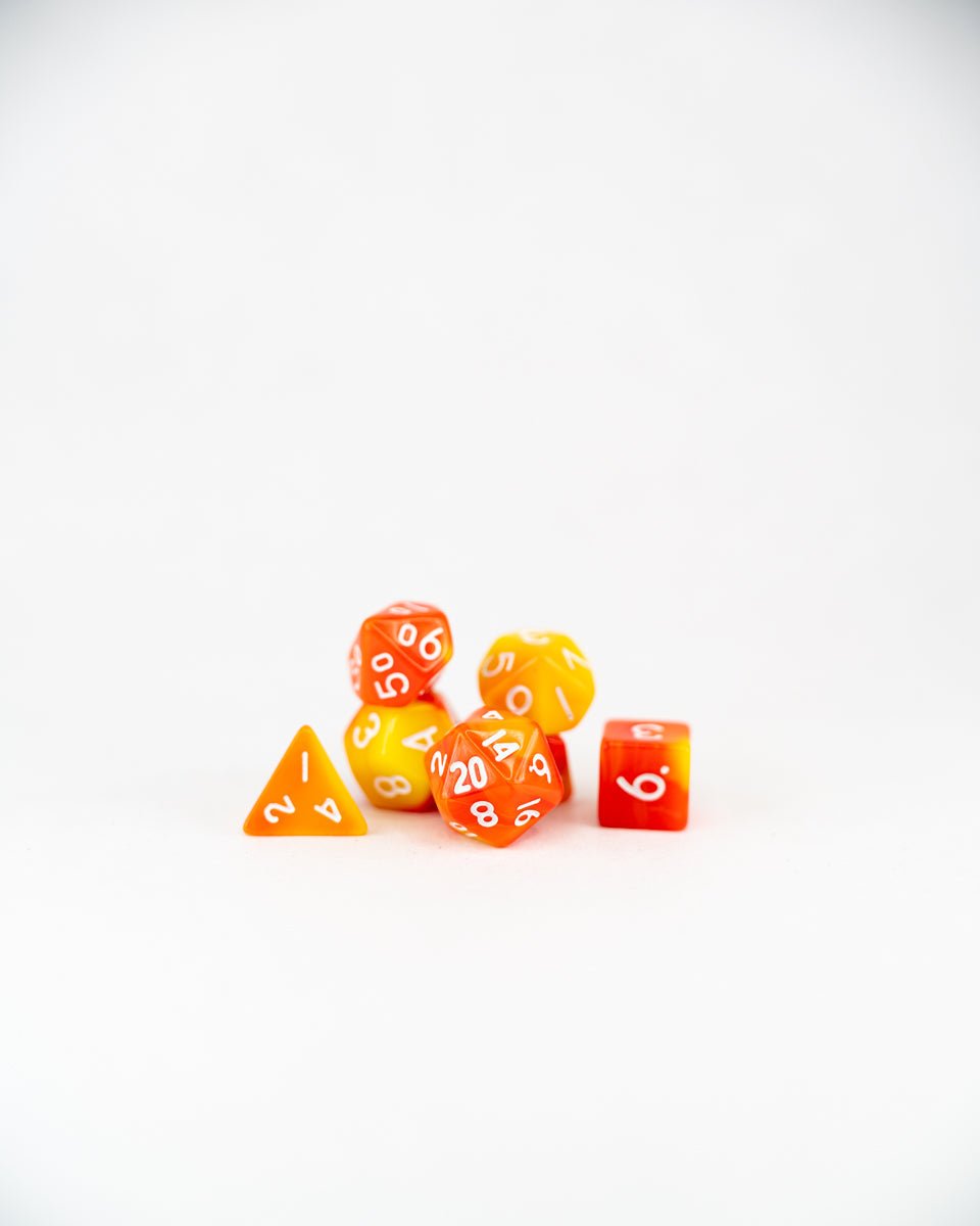 Flameseed | 7 Piece Mini Acrylic Polyhedral Dice Set - Emberglow Gaming