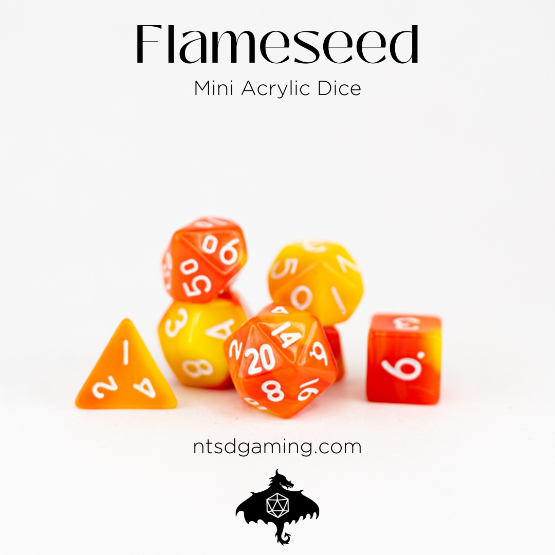Flameseed | 7 Piece Mini Acrylic Polyhedral Dice Set - Emberglow Gaming