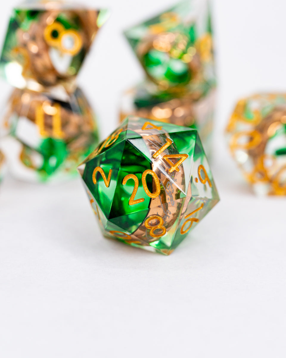 Three for Elven Kings | Ring Inclusion | 7 Piece Sharp Edge Resin Dice Set - Emberglow Gaming