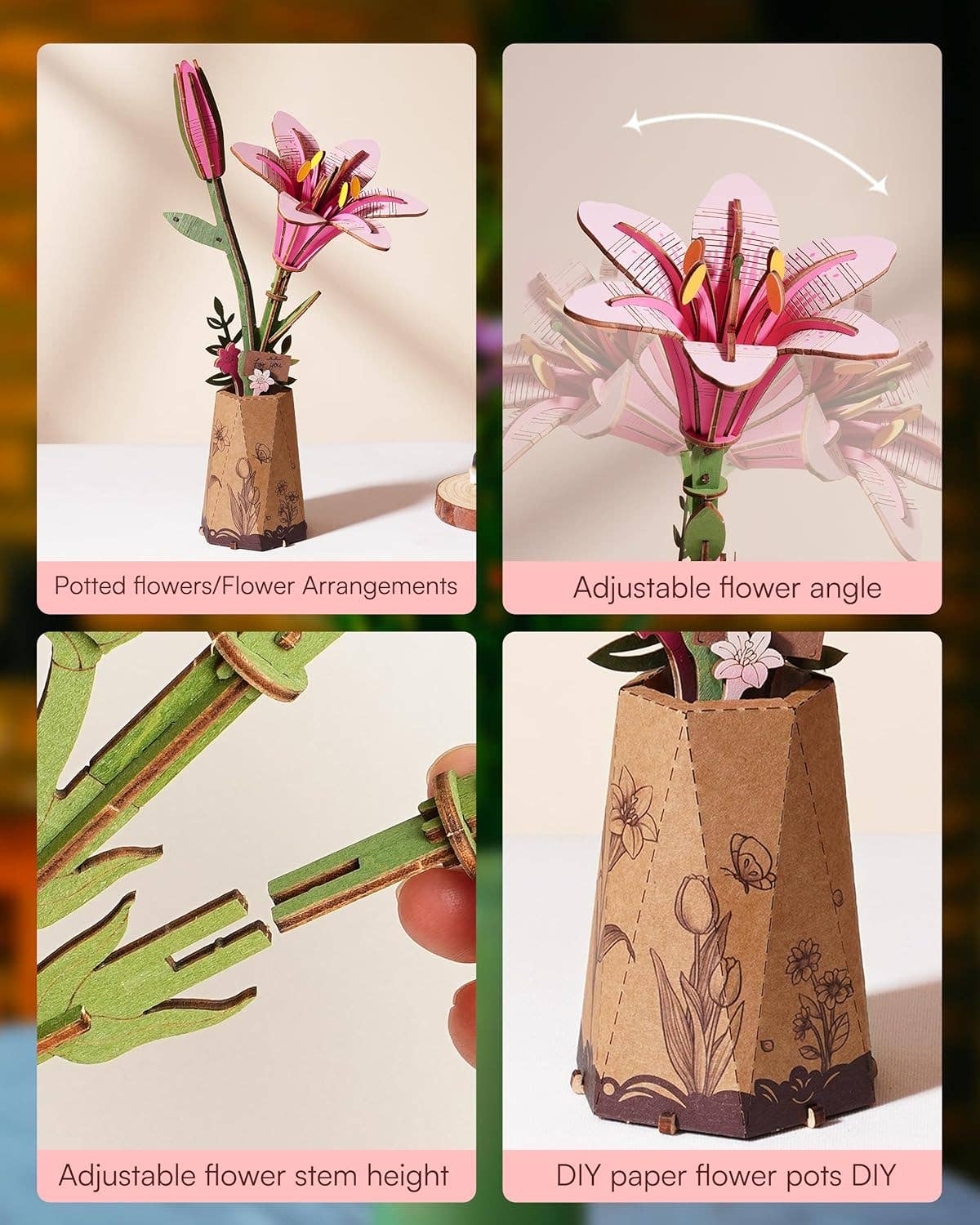 TW071 Pink Lily Rowood DIY Wooden Flower Bouquet 3D