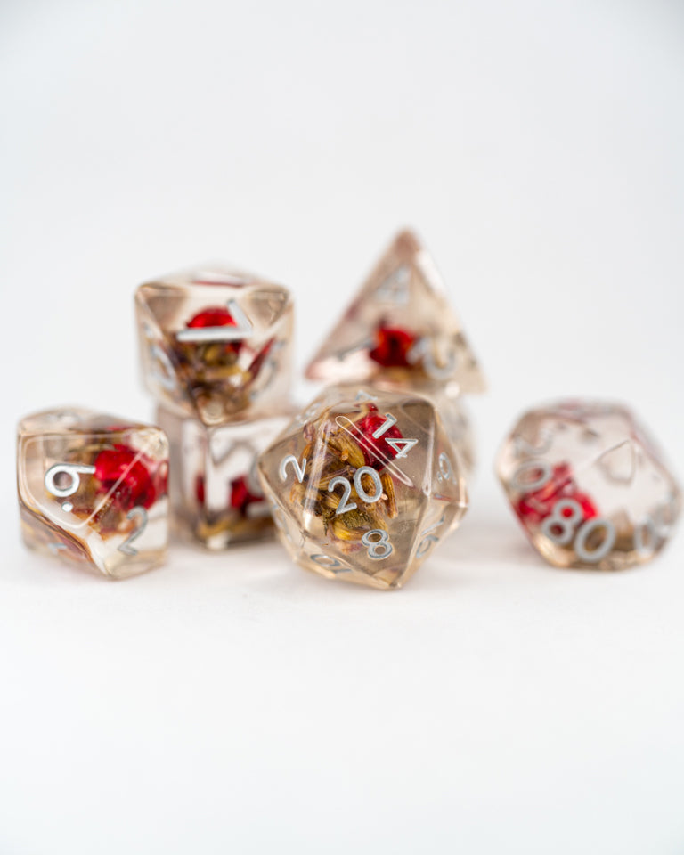 Rosehip and Wheat | 7 Piece Acrylic Inclusion Dice Set - Emberglow Gaming