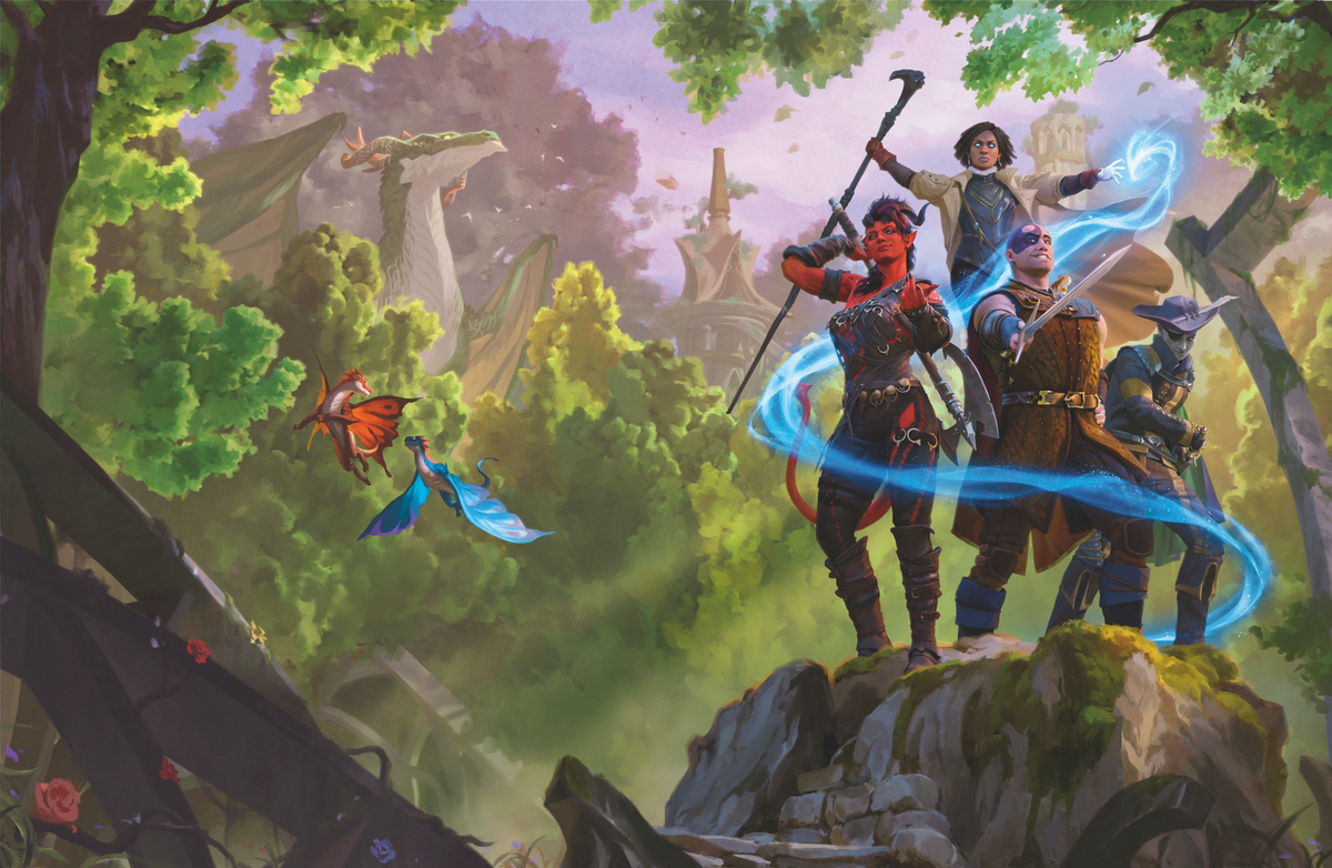 Fantasy adventuring party in a vibrant forest