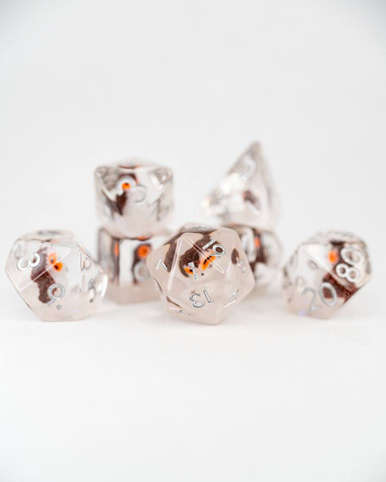 Glimfeather | Owl | 7 Piece Acrylic Inclusion Dice Set - Emberglow Gaming