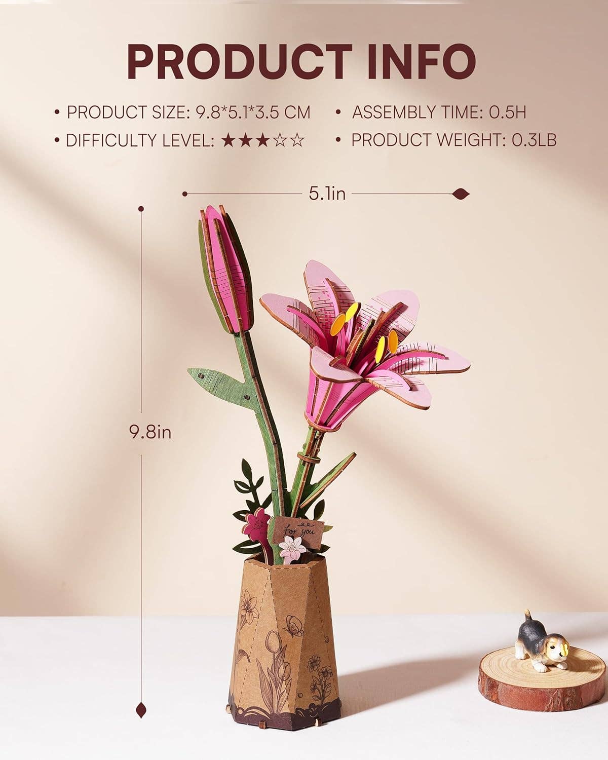 TW071 Pink Lily Rowood DIY Wooden Flower Bouquet 3D