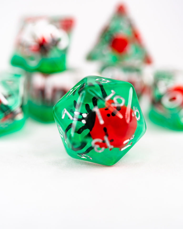 Rosamund Busybody | Ladybug | 7 Piece Acrylic Inclusion Dice Set - Emberglow Gaming