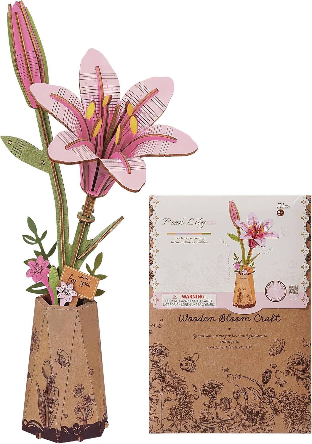 TW071 Pink Lily Rowood DIY Wooden Flower Bouquet 3D