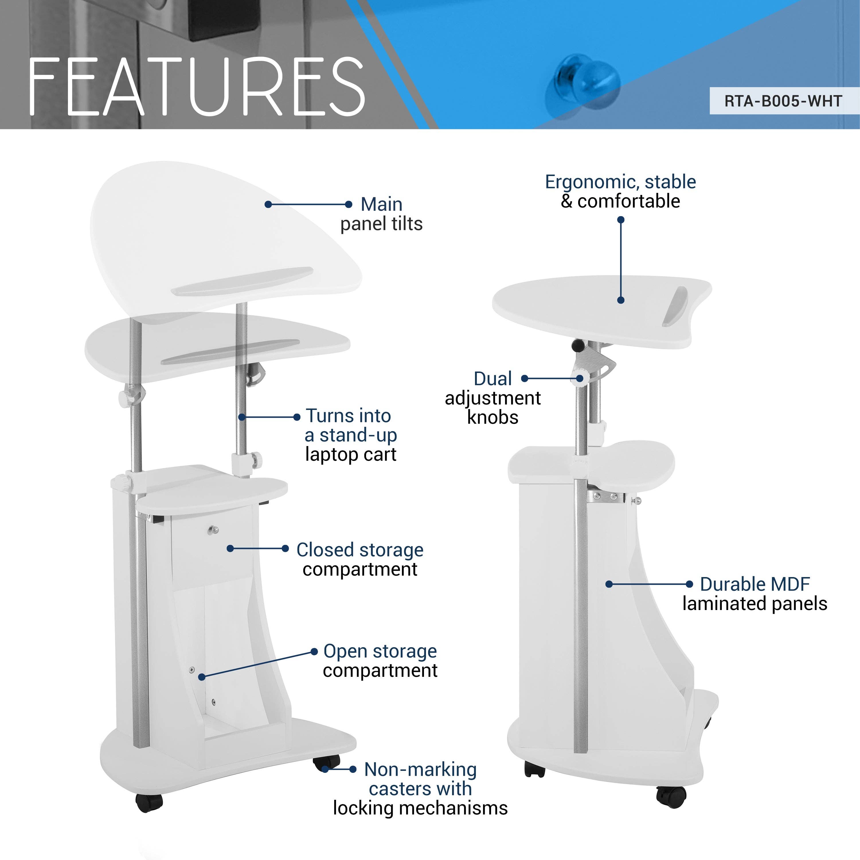 Sit-to-Stand Rolling Adjustable Laptop Cart With Storage