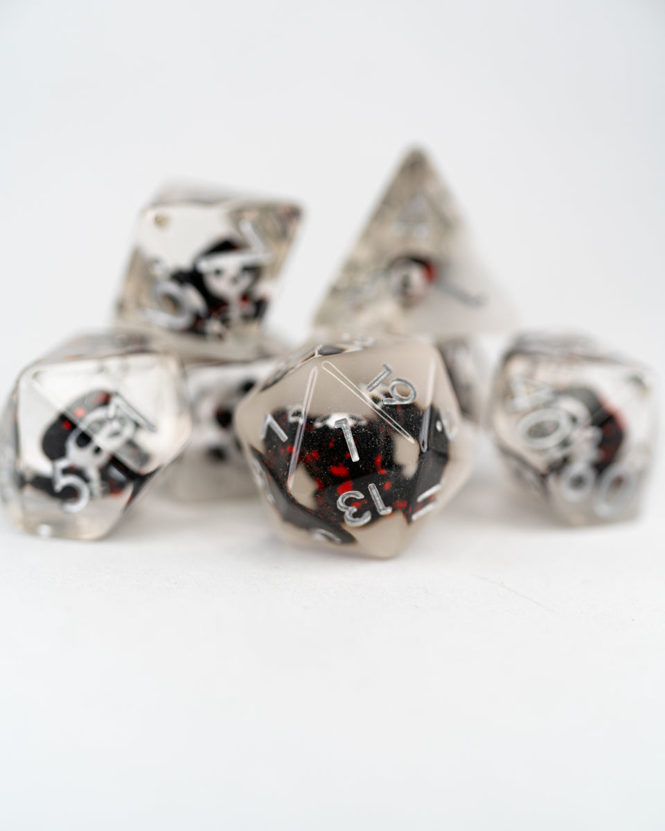 Grimmy Reaps | Grim Reaper | 7 Piece Acrylic Inclusion Dice Set - Emberglow Gaming