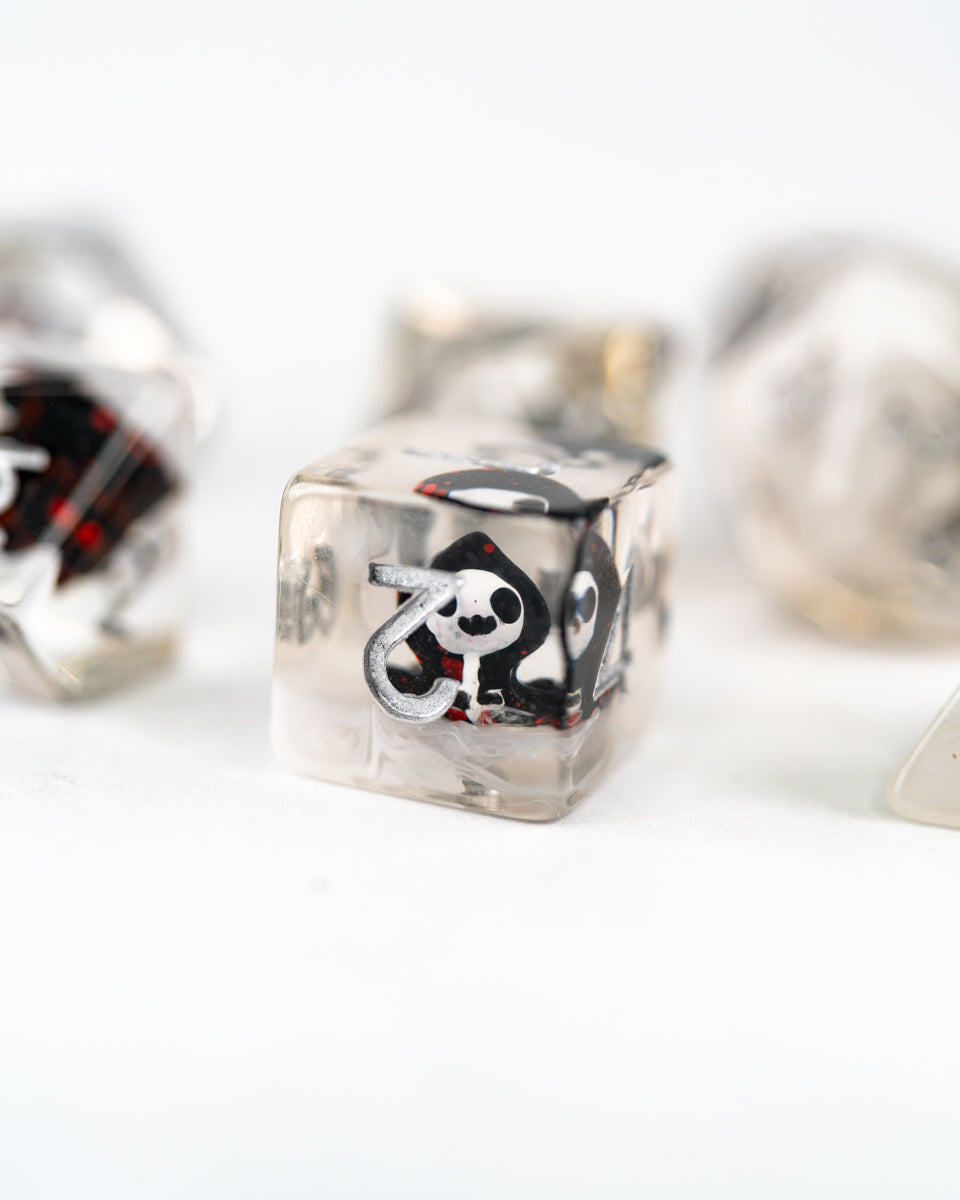Grimmy Reaps | Grim Reaper | 7 Piece Acrylic Inclusion Dice Set - Emberglow Gaming