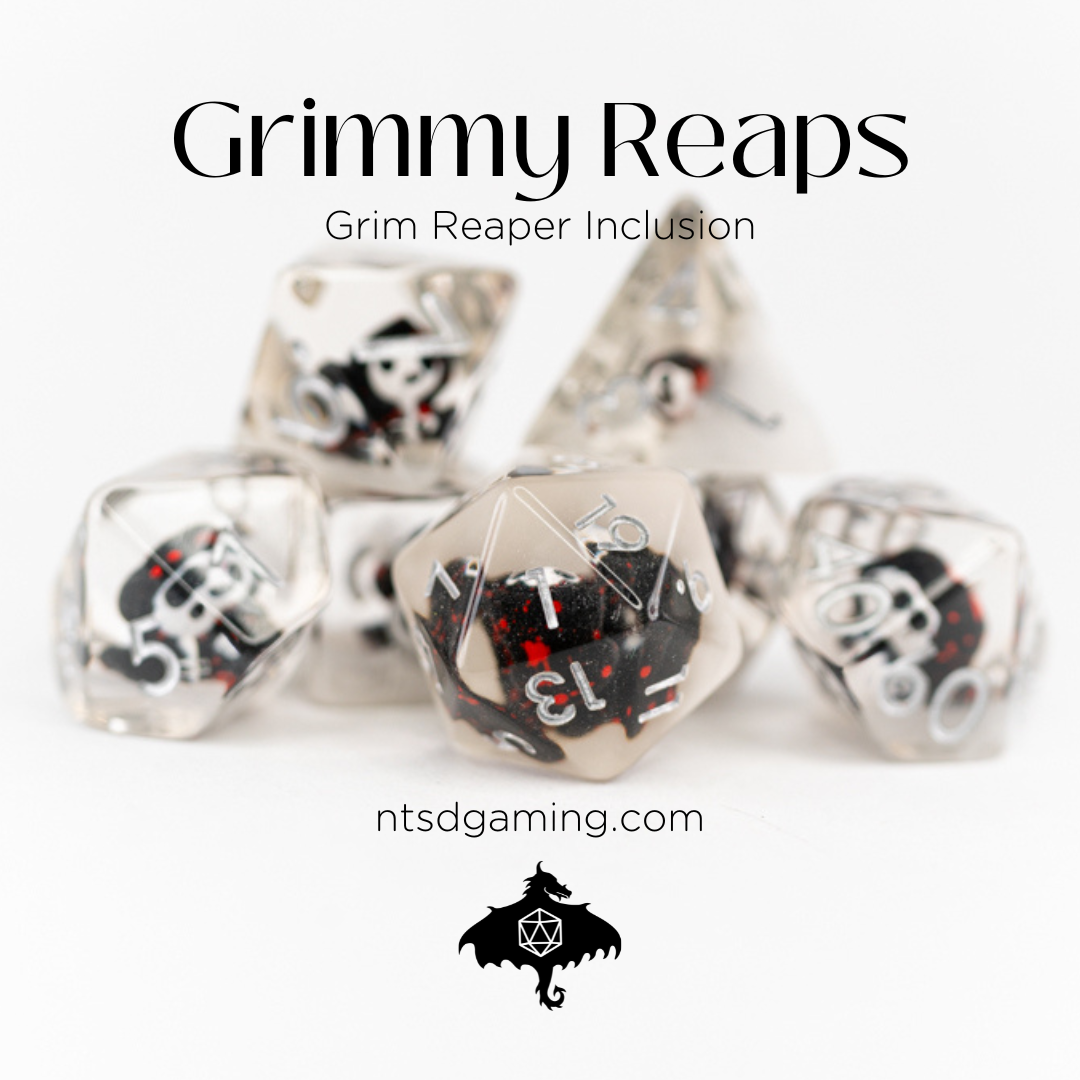 Grimmy Reaps | Grim Reaper | 7 Piece Acrylic Inclusion Dice Set - Emberglow Gaming