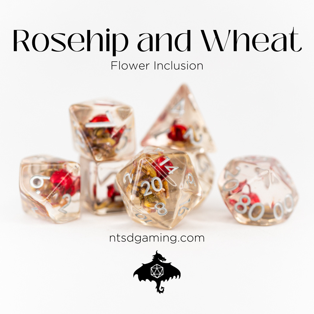 Rosehip and Wheat | 7 Piece Acrylic Inclusion Dice Set - Emberglow Gaming