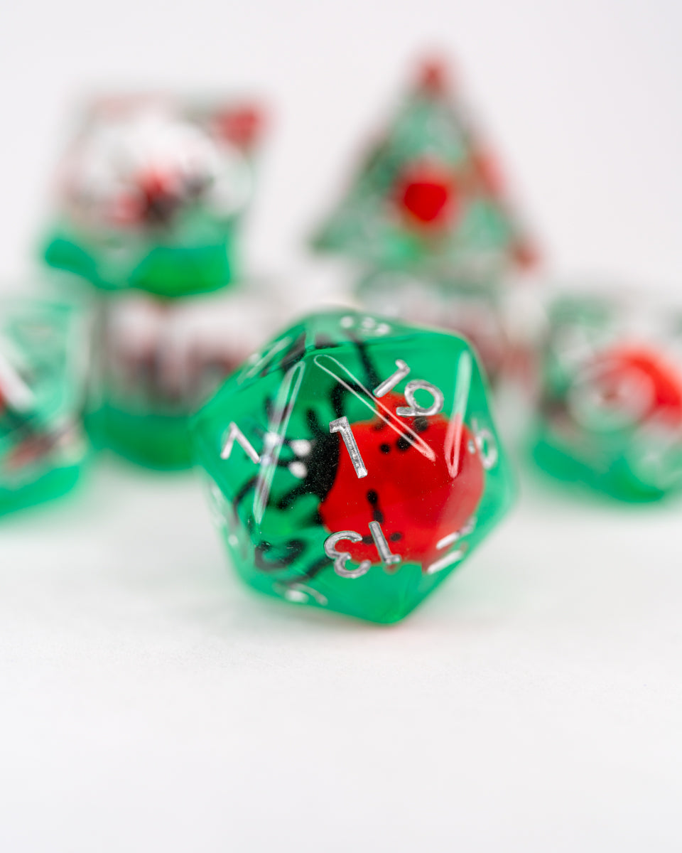 Rosamund Busybody | Ladybug | 7 Piece Acrylic Inclusion Dice Set - Emberglow Gaming