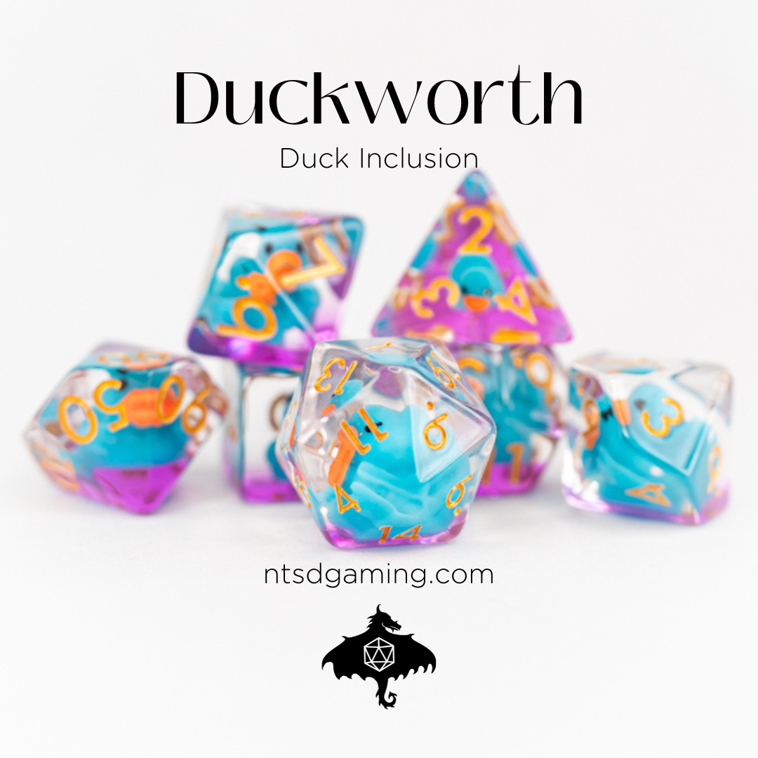 Duckworth | Duck | 7 Piece Acrylic Inclusion Dice Set - Emberglow Gaming