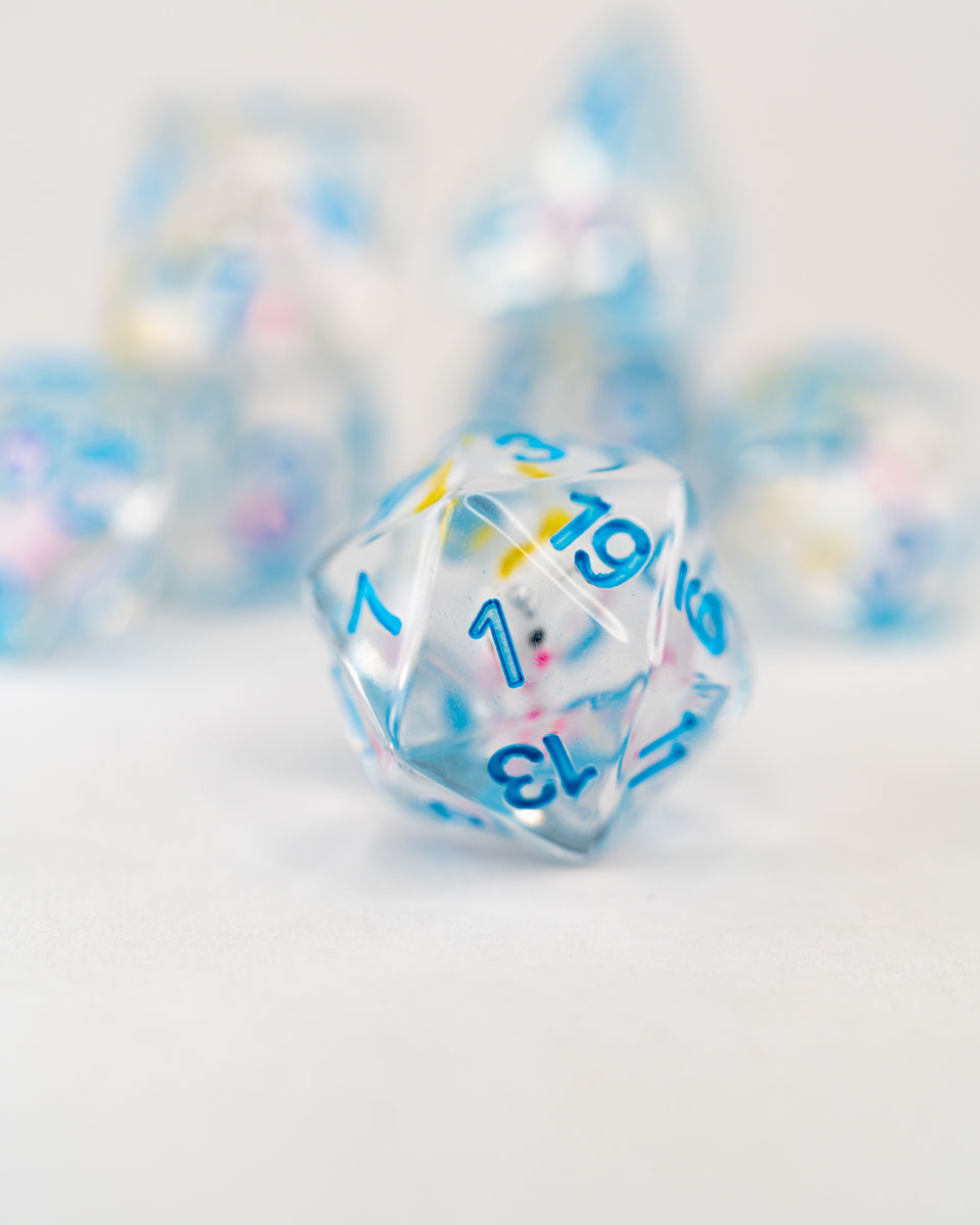 Mr Toots | Unicorn | 7 Piece Acrylic Inclusion Dice Set - Emberglow Gaming