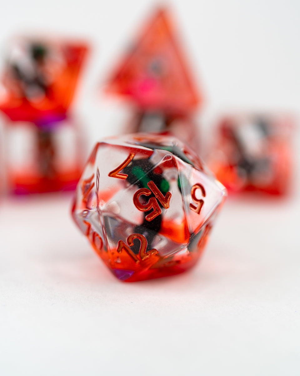 Decimus, the Undead Cat | 7 Piece Acrylic Inclusion Dice Set - Emberglow Gaming
