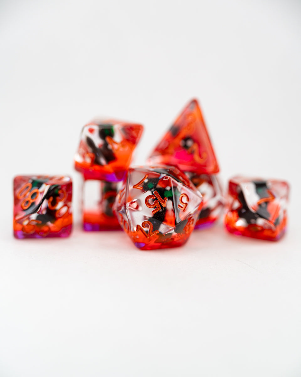 Decimus, the Undead Cat | 7 Piece Acrylic Inclusion Dice Set - Emberglow Gaming
