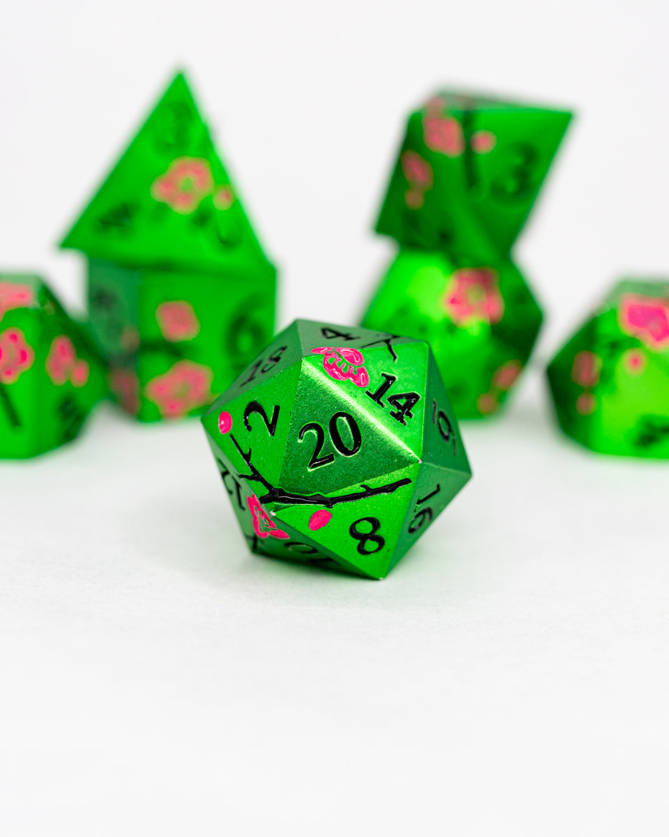 Curiosity of Mosscap | Etched Flowers | 7 Piece Metal Dice Set - Emberglow Gaming