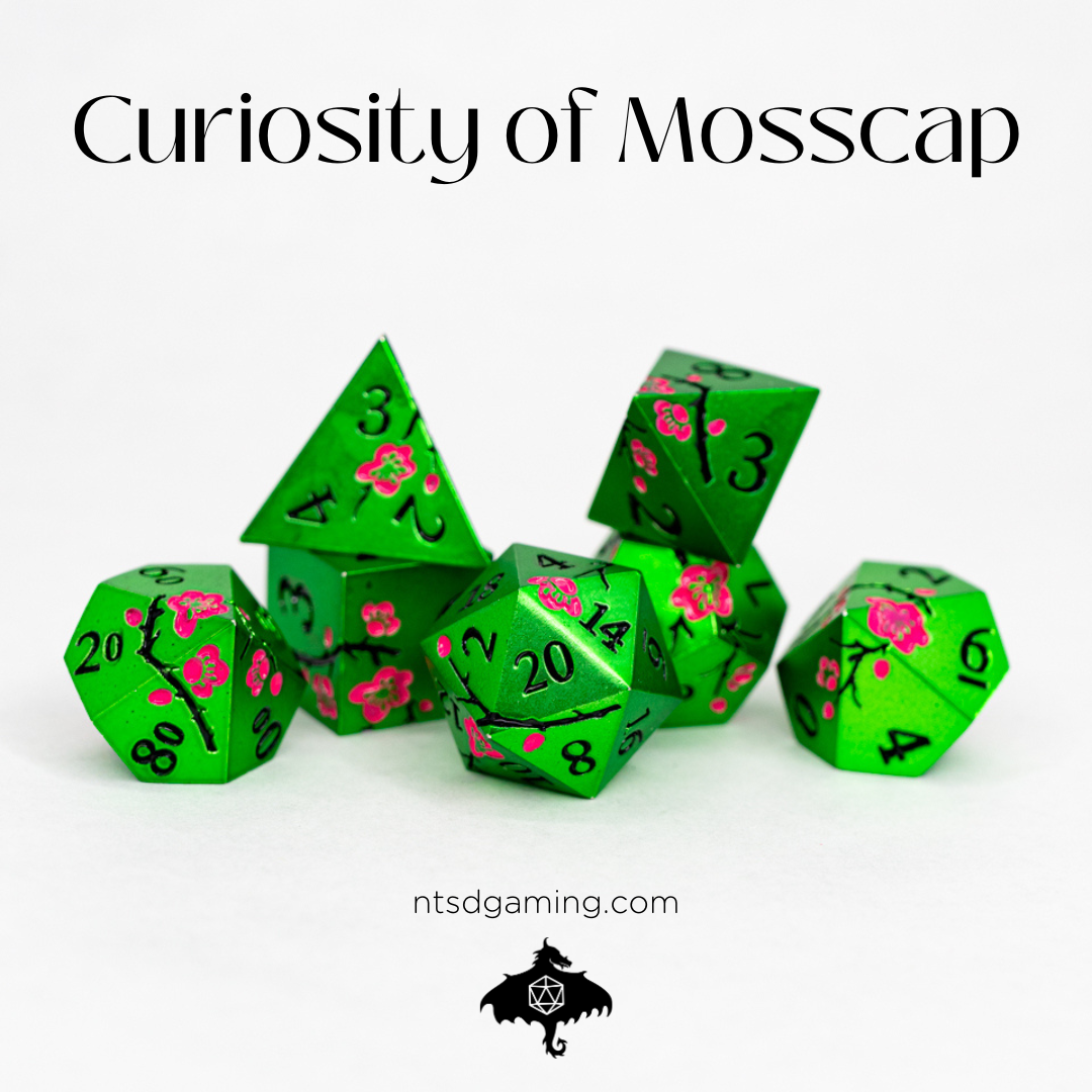 Curiosity of Mosscap | Etched Flowers | 7 Piece Metal Dice Set - Emberglow Gaming