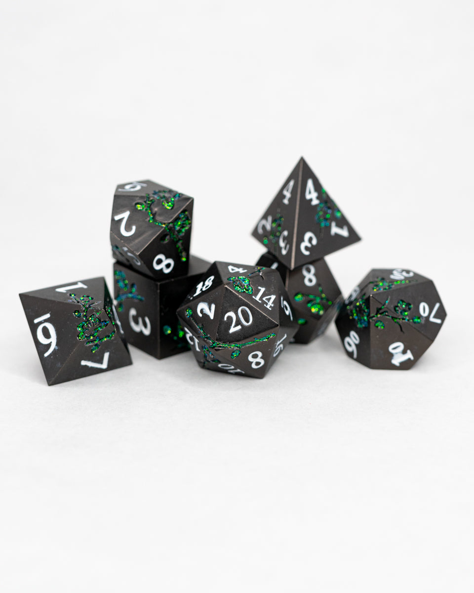 Vine Whip | Etched Flowers | 7 Piece Metal Dice Set - Emberglow Gaming