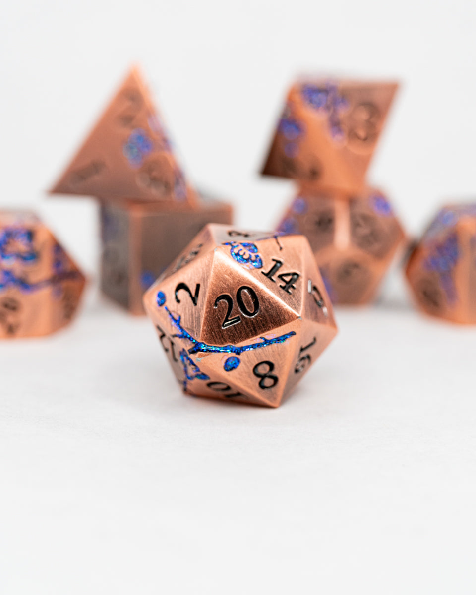 Gilded Lily | Etched Flowers | 7 Piece Metal Dice Set - Emberglow Gaming