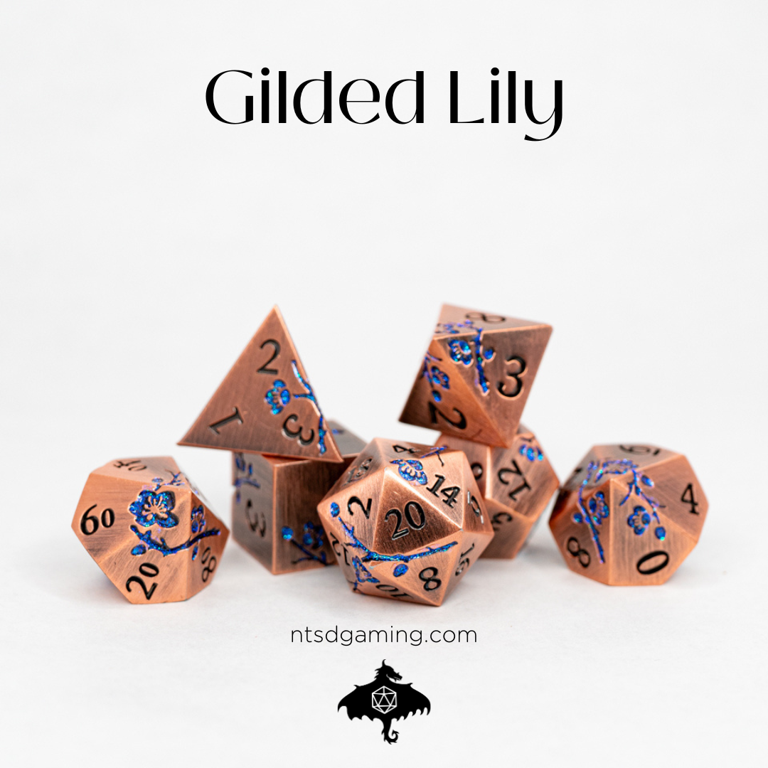 Gilded Lily | Etched Flowers | 7 Piece Metal Dice Set - Emberglow Gaming