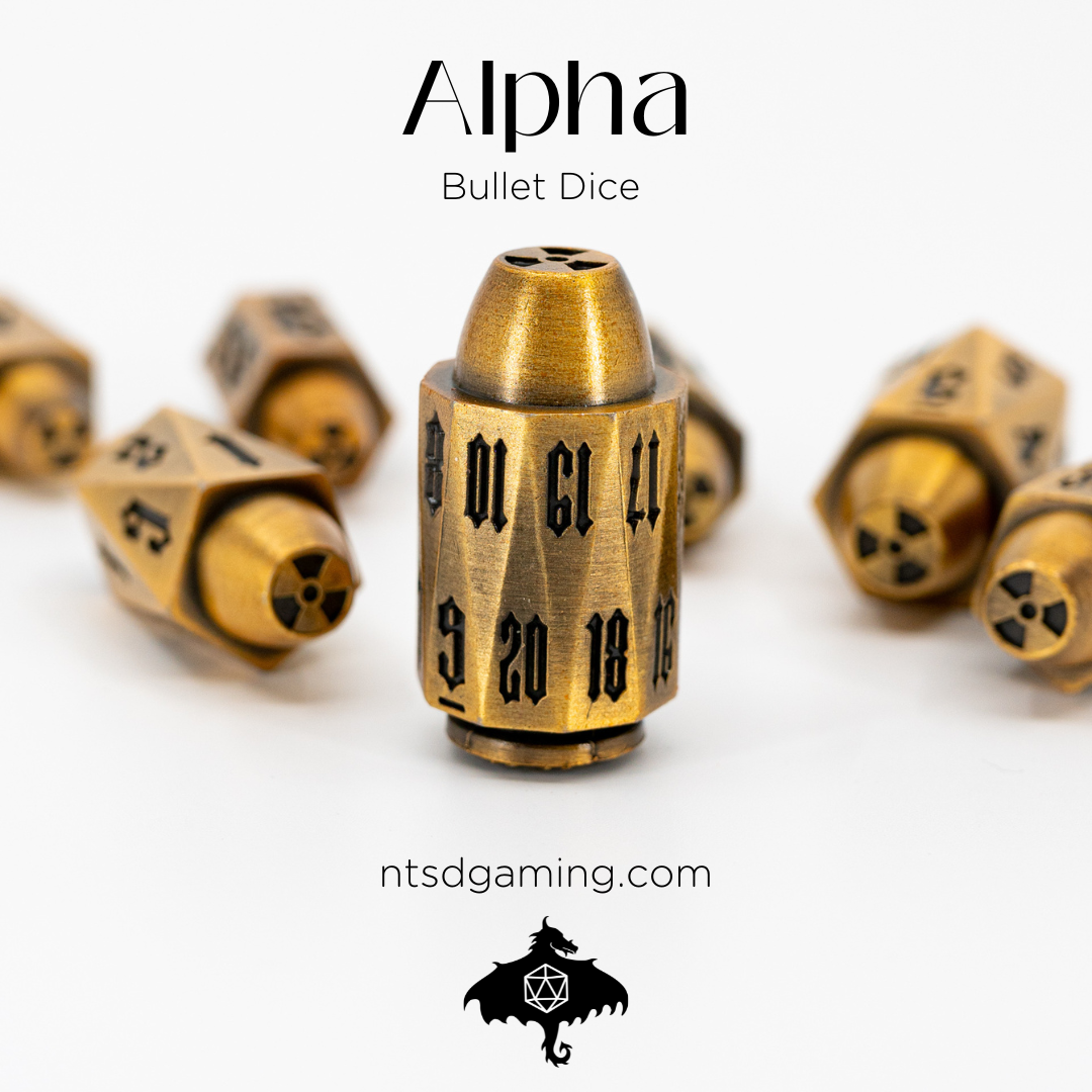 Alpha | Brass Bullets | 7 Piece Metal Dice Set - Emberglow Gaming