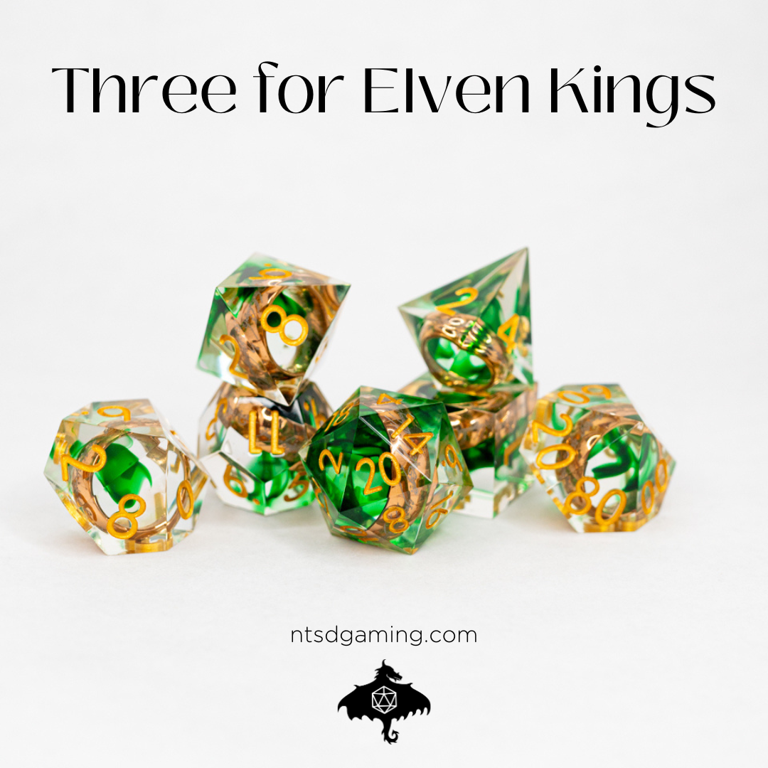 Three for Elven Kings | Ring Inclusion | 7 Piece Sharp Edge Resin Dice Set - Emberglow Gaming