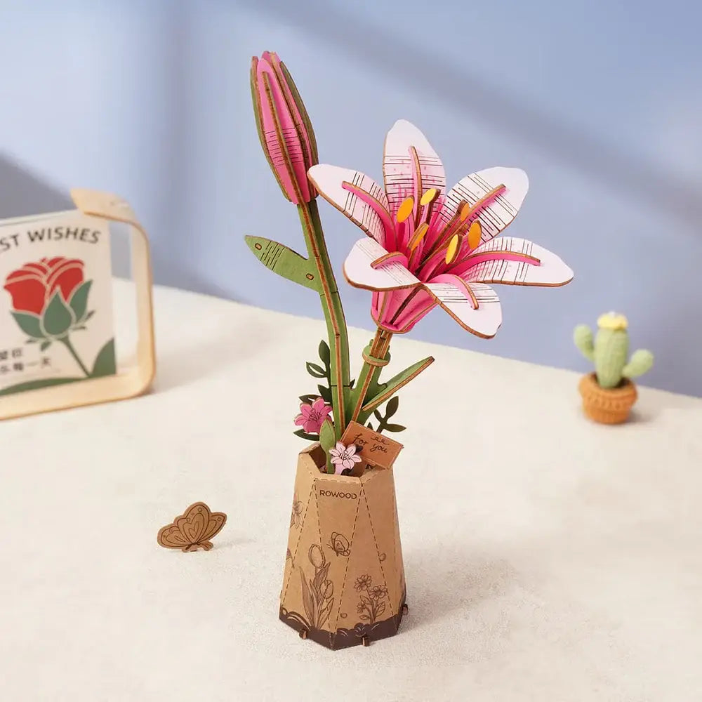 TW071 Pink Lily Rowood DIY Wooden Flower Bouquet 3D