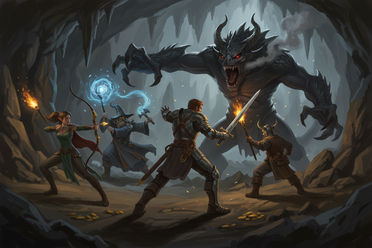 drawing of adventurers in a cave fighting a monster 