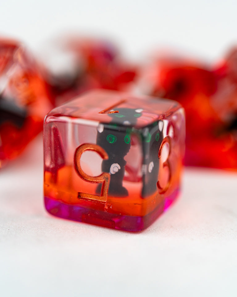 Decimus, the Undead Cat | 7 Piece Acrylic Inclusion Dice Set - Emberglow Gaming