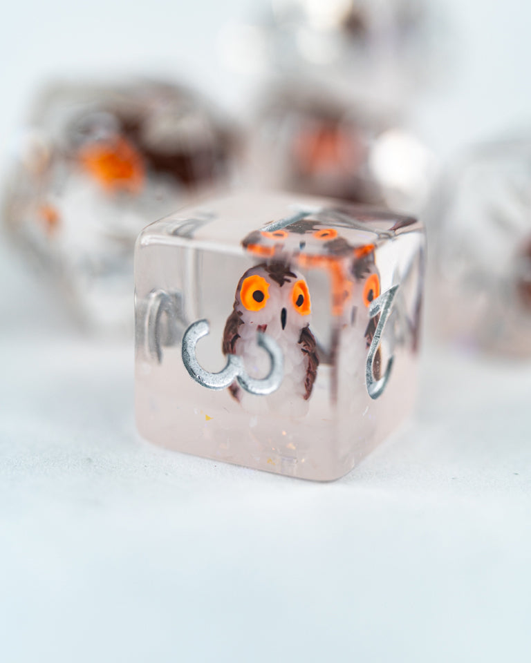 Glimfeather | Owl | 7 Piece Acrylic Inclusion Dice Set - Emberglow Gaming